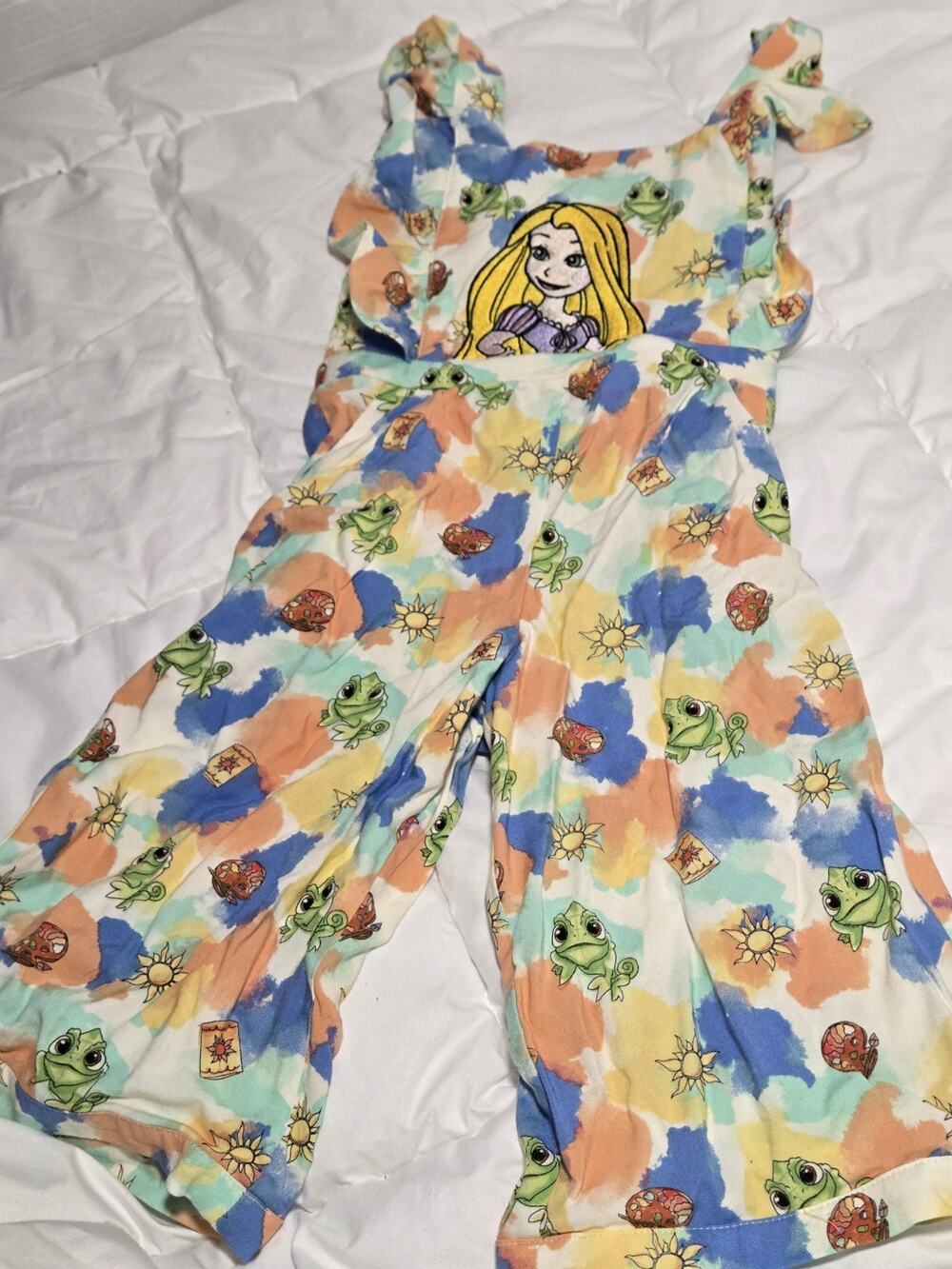 Disney Princess Repunzel 3T Embroidered Romper Ruffle Sleeves Floral Wide Leg